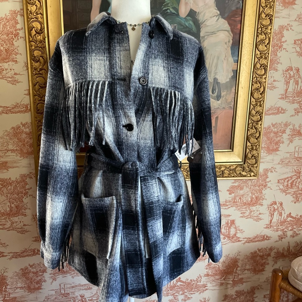 NWT Driftwood Jeans Fringed Plaid Coat
